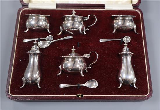 A cased George V silver six piece condiment set by Alexander Clark, Birmingham, 1925.